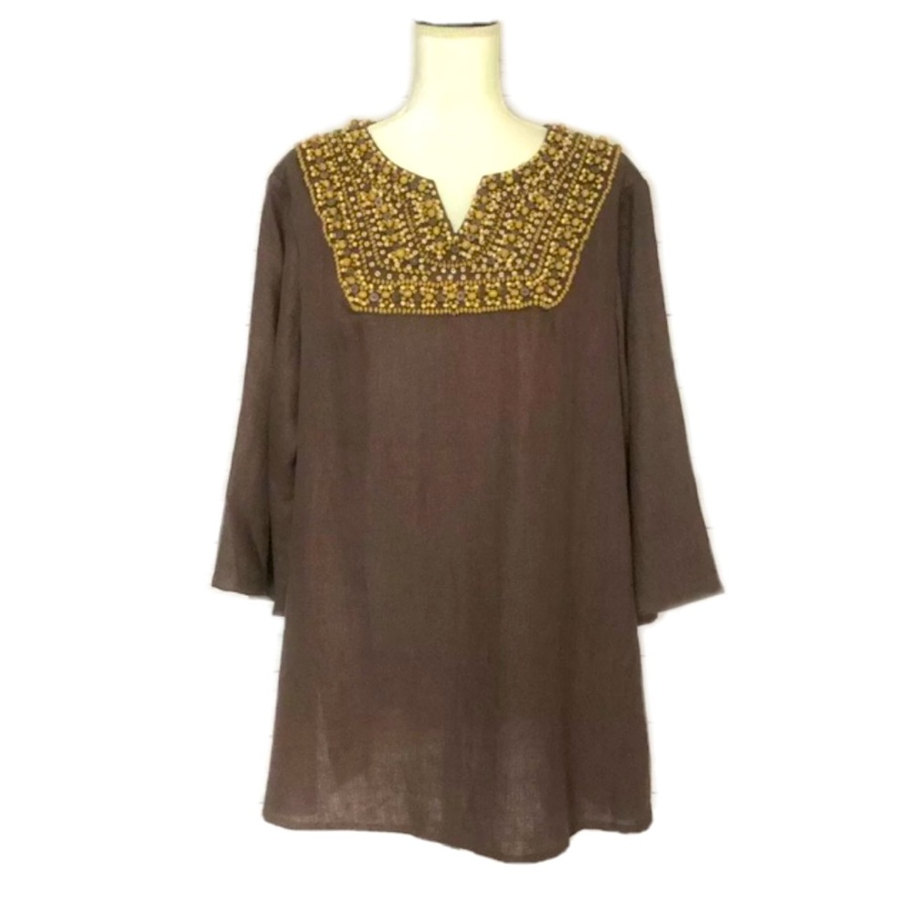 Victor Costa Linen Beaded Tunic Top Boho Brown Sz 1X